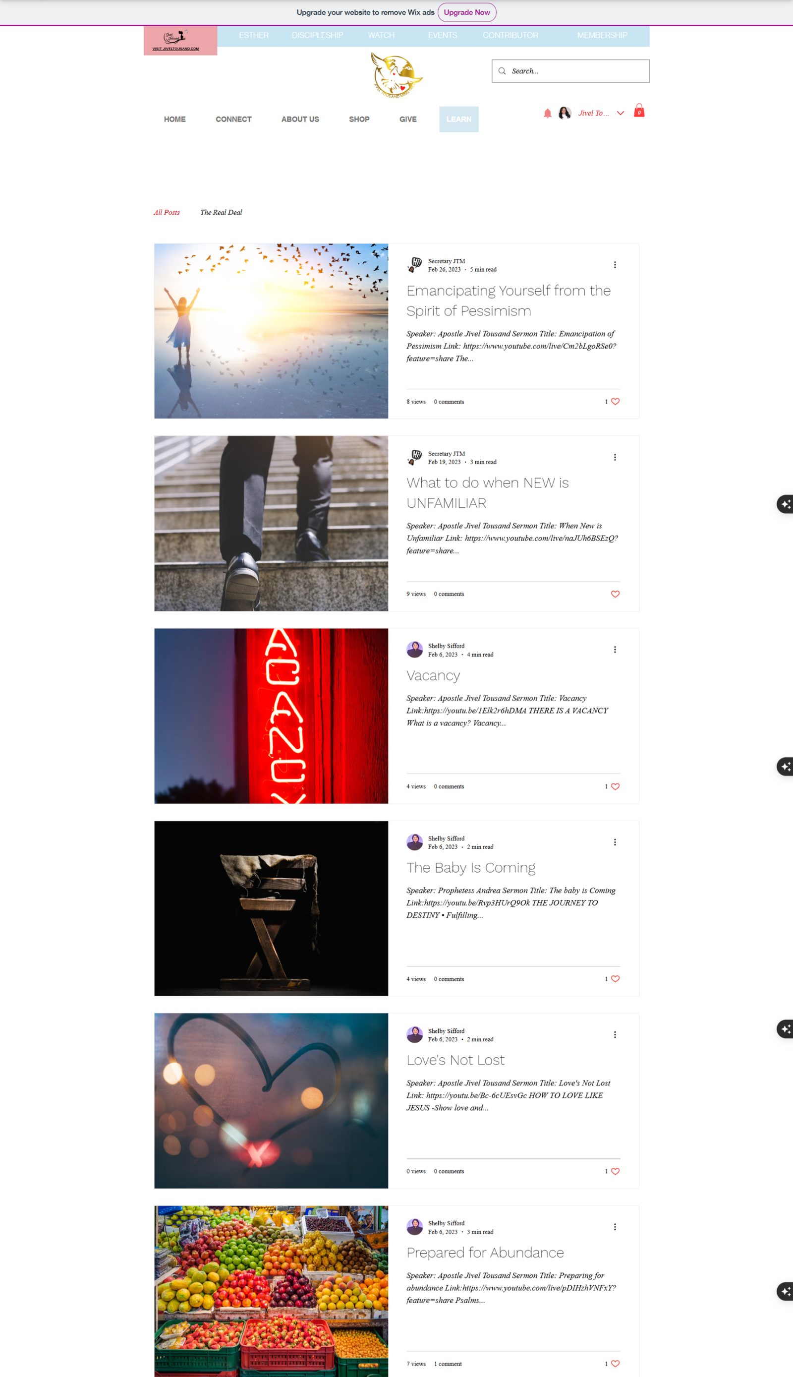 The original blog, a single-column list where each post body is a speaker name and a pasted video URL, most posts showing fewer than ten views